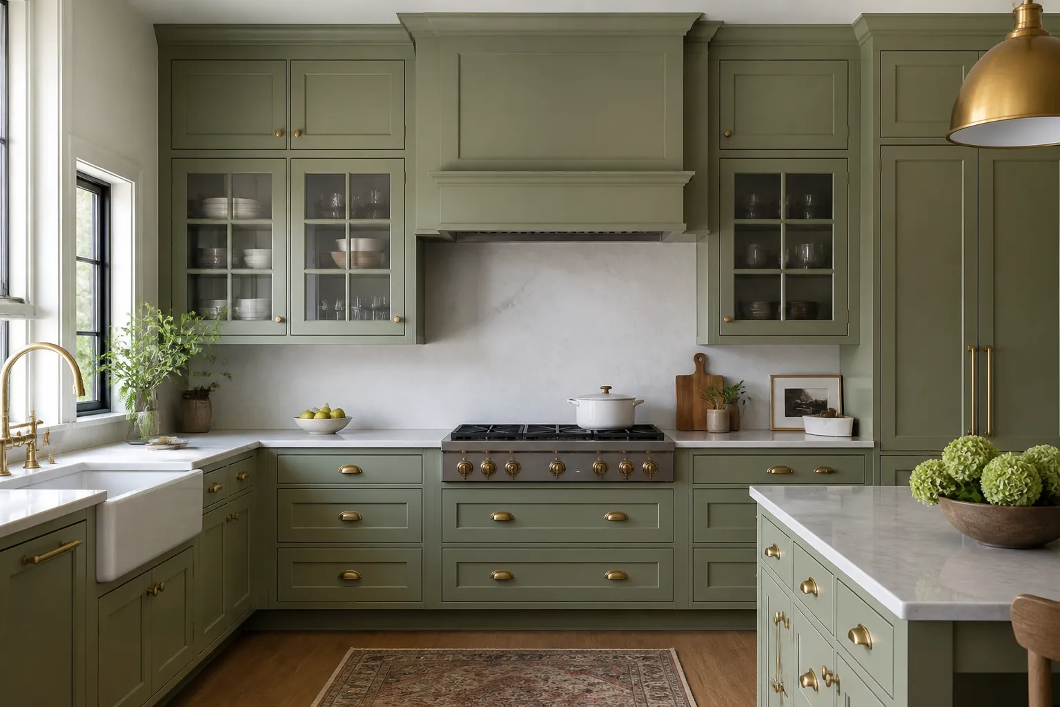 Kitchen with sage green cabinetry and a painted range hood